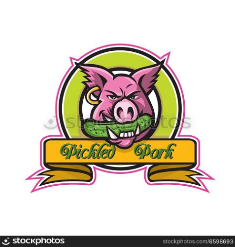 Mascot icon illustration of head of a wild pig, boar or hog biting a pickle or gherkin, a pickled cucumber set in circle with words Pickled Pork done in retro style.. Wild Hog Biting Pickle Circle Mascot