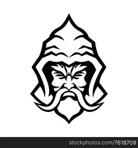 Mascot icon illustration of head of a Wizard, sorcerer or warlock, a practitioner of magic derived from supernatural, occult, or arcane sources viewed from front done in retro black and white style.. Wizard Sorcerer Warlock Head Front View Mascot Black and White
