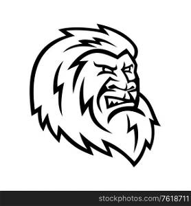 Mascot icon illustration of head of a Yeti or Abominable Snowman, an ape-like entity, mythical or legendary creature in the folklore of Nepal viewed from side isolated background in retro black and white style.. Yeti or Abominable Snowman Head Mascot Black and White