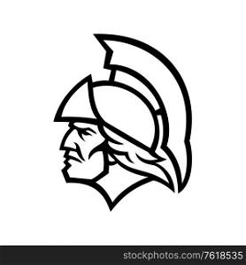 Mascot icon illustration of head of Achilles or Achilleus, a Greek hero of the Trojan War in Greek mythology wearing a helmet viewed from side on isolated background in retro black and white style.. Achilles or Achilleus Greek Hero Side View Mascot Black and White
