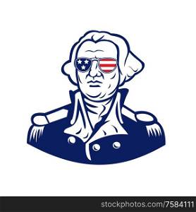 Mascot icon illustration of head of American president and founding father, George Washington wearing sunglasses with USA flag stars and stripes viewed from front on isolated background in retro style.. Washington Wearing Sunglasses USA Flag Mascot