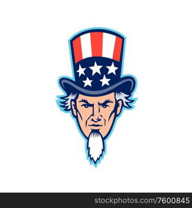 Mascot icon illustration of head of American Uncle Sam, national personification of the U.S. government, viewed from front on isolated background in retro style.. Uncle Sam Head Mascot