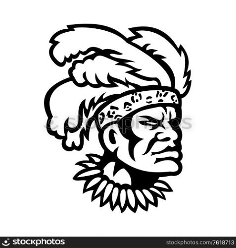 Mascot icon illustration of head of an African Zulu warrior wearing feather headdress viewed from side on isolated background in retro black and white style.. African Zulu Warrior Head Wearing Feather Headdress Mascot Black and White