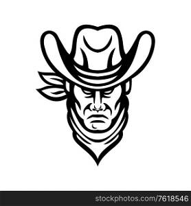 Mascot icon illustration of head of an American cowboy wearing kerchief and hat viewed from front on isolated background in retro black and white style.. American Cowboy Head Sports Mascot Black and White