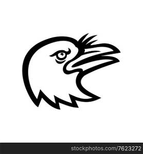 Mascot icon illustration of head of an American crow, a large passerine bird species of the family Corvidae, looking up viewed from side on isolated background in retro style.. American Crow Head Side Mascot Black and White