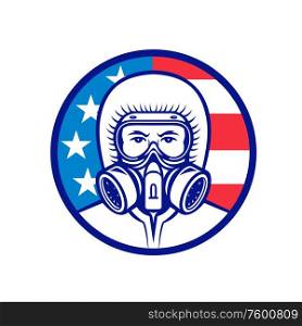 Mascot icon illustration of head of an American industrial worker, medical professional, essential or wearing a respiratory protective equipment, RPE viewed from front with USA flag in background.. American Industrial Worker Wearing RPE Mascot