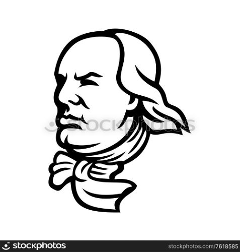 Mascot icon illustration of head of an American polymath and Founding Father of the United States, Benjamin Franklin looking forward viewed from side on isolated background in retro black and white style.. Head of Benjamin Franklin Mascot Black and White