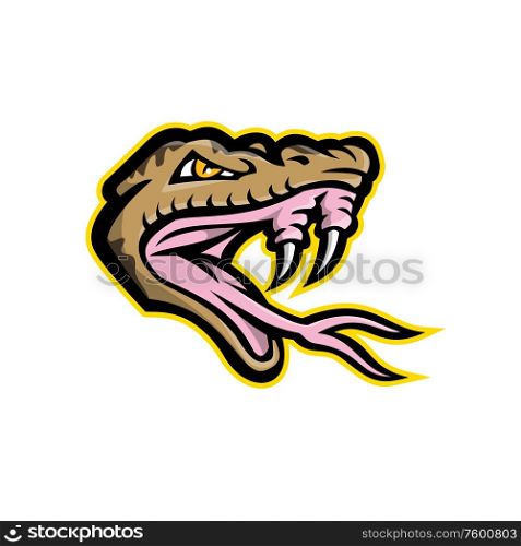 Mascot icon illustration of head of an angry, aggressive habu snake, Okinawa habu or Kume Shima habu, a species of venomous pit viper endemic to Japan, baring it&rsquo;s fangs done in retro style.. Angry Okinawa Habu Snake Head Mascot