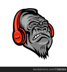 Mascot icon illustration of head of an angry gorilla or ape wearing a red headphones listening to music looking up viewed from front on isolated background in retro style.. Gorilla Headphones Head Mascot Retro