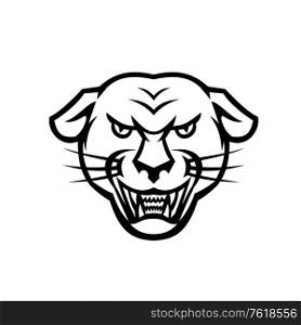 Mascot icon illustration of head of an angry or aggressive black panther or melanistic jaguar baring it&rsquo;s fangs viewed from front on isolated background in retro black and white style.. Angry Black Panther Head Baring Fangs Mascot Black and White