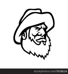 Mascot icon illustration of head of an old fisherman or fisher wearing beard and yellow bucket hat viewed from side on isolated background in retro black and white style.. Old Fisherman or Fisher Wearing Bucket Hat Mascot Black and White