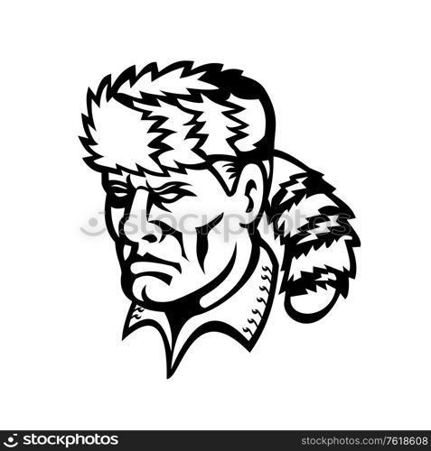 "Mascot icon illustration of head of David Davy Crockett, an American folk hero, frontiersman, soldier and politician, nicknamed "King of the Wild Frontier" on isolated background in retro black and white style.. American Folk Hero and Frontiersman Davy Crockett Mascot Black and White"