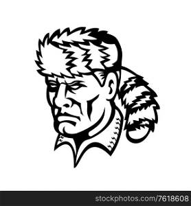 "Mascot icon illustration of head of David Davy Crockett, an American folk hero, frontiersman, soldier and politician, nicknamed "King of the Wild Frontier" on isolated background in retro black and white style.. American Folk Hero and Frontiersman Davy Crockett Mascot Black and White"
