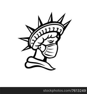 Mascot icon illustration of head of Liberty or Libertas, the iconic American symbol of justice and freedom wearing surgical mask to protect health from pandemic done in black and white in retro style.. Statue of Liberty Wearing Mask Black and White