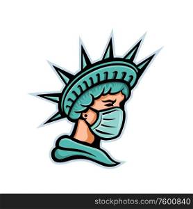 Mascot icon illustration of head of Statue of Liberty, the iconic American symbol of justice and freedom wearing a surgical mask to protect health from pandemic on isolated background in retro style.. Statue of Liberty Wearing Surgical Mask Mascot