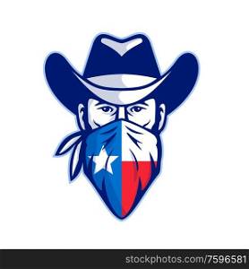 Mascot icon illustration of head of Texan bandit, outlaw or highwayman wearing cowboy hat and bandana, kerchief or bandanna with Texas Lone Star flag front view on isolated background in retro style.. Texan Bandit Taxas Flag Bandana Mascot
