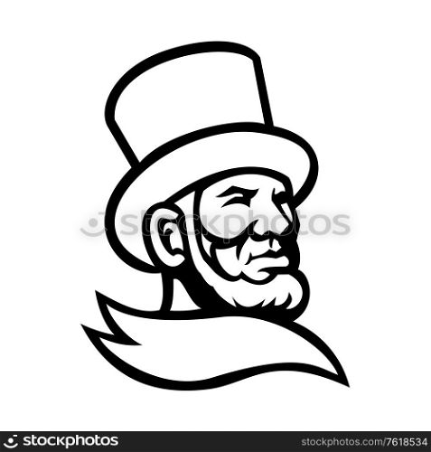 Mascot icon illustration of head of the 16th American president Abraham Lincoln wearing top hat or topper viewed from high angle on isolated background in retro black and white style.. Abraham Lincoln Head Mascot Black and White