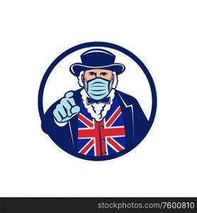 Mascot icon illustration of John Bull, a national personification of the United Kingdom and England, wearing surgical mask pointing viewed from front set in circle isolated background in retro style.. John Bull Wearing Surgical Mask Pointing Mascot