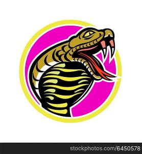 Mascot icon illustration of king cobra, Ophiophagus hannah, or hamadryad, a venomous snake in family Elapidae, endemic to Southeast Asia set inside circle on isolated background in retro style.. King Cobra Snake Mascot