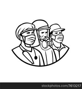 Mascot icon illustration of medical professional, nurse, doctor, healthcare, soldier or essential worker wearing surgical mask as heroes in black and white retro style.. Essential Workers Wearing Mask as Heroes Black and White Retro