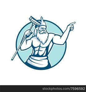 Mascot icon illustration of Neptune, god of the sea in Roman mythology or Poseidon in Greek, holding a pool scrub or brush cleaner pointing set inside oval on isolated background in retro style.. Neptune Holding Pool Scrub Mascot