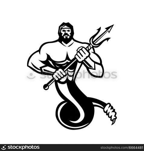 Mascot icon illustration of Typhon,Typhoeus, Typhaon or Typhos, a monstrous serpentine giant and the most deadly creature in Greek mythology holding a trident in black and white on isolated background in retro style.. Typhoeus Holding Trident Mascot Black and White