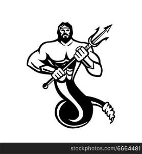 Mascot icon illustration of Typhon,Typhoeus, Typhaon or Typhos, a monstrous serpentine giant and the most deadly creature in Greek mythology holding a trident in black and white on isolated background in retro style.. Typhoeus Holding Trident Mascot Black and White