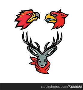 Mascot icon illustration set of heads of mythical or folklore creatures and animals like the firebird, griffin and jackalope viewed from front and side  on isolated background in retro style.. Mythical Creatures Mascot Collection