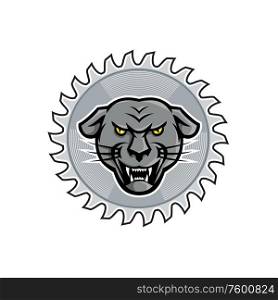 Mascot icon style illustration of an angry melanistic jaguar set inside circular saw blade on isolated white background in retro style.. Melanistic Jaguar in Saw Blade Mascot