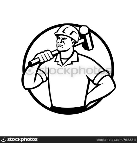 Mascot illustration of a black African American demolition worker, laborer or construction worker with sledgehammer set inside circle on isolated white background done in retro style.. Demolition Worker with Sledgehammer Circle Retro Black and White