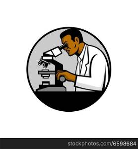 Mascot illustration of a black African American research scientist or researcher looking thru a microscope set inside circle on isolated white background done in retro style.. African American Research Scientist Mascot