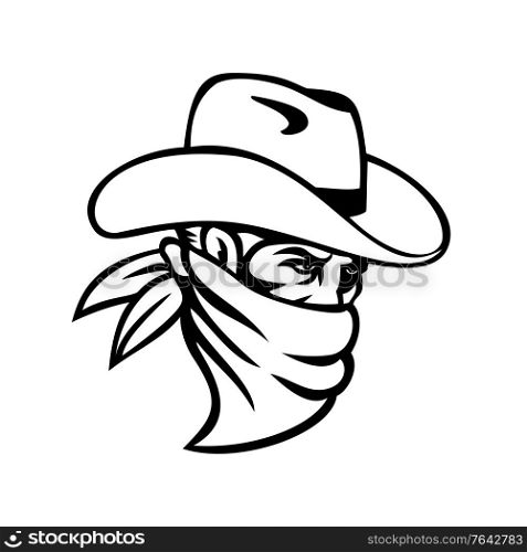 Mascot illustration of a cowboy bandit, outlaw, highwayman, maverick or robber wearing a face mask, face covering or bandana viewed from side on isolated background in retro black and white style.. Cowboy Bandit or Outlaw Wearing Face Mask Side View Mascot Black and White