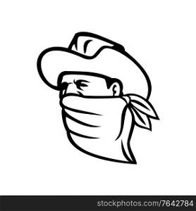 Mascot illustration of a cowboy bandit, outlaw, highwayman, maverick or robber wearing a face mask, face covering or bandana looking to side on isolated background in retro black and white style.. Cowboy Bandit or Outlaw Wearing Face Mask Looking Side Mascot Black and White