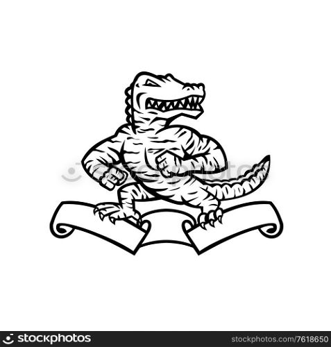 Mascot illustration of a ferocious reptilian alligator, gator or crocodile in tiger stripes standing in fighting stance on top of ribbon or scroll on isolated background in retro black and white style.. Gator or Alligator in Tiger Stripes Standing on Ribbon Scroll Mascot Black and White