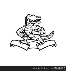Mascot illustration of a ferocious reptilian alligator, gator or crocodile in tiger stripes standing in fighting stance on top of ribbon or scroll on isolated background in retro black and white style.. Gator or Alligator in Tiger Stripes Standing on Ribbon Scroll Mascot Black and White
