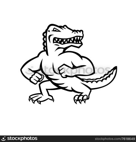 Mascot illustration of a ferocious reptilian alligator, gator or crocodile standing in fighting stance on isolated background in retro black and white style.. Gator or Alligator Standing in Fighting Stance Mascot Black and White