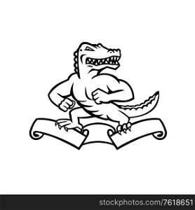 Mascot illustration of a ferocious reptilian alligator, gator or crocodile standing in fighting stance on top of ribbon or scroll on isolated background in retro black and white style.. Gator or Alligator Standing on Ribbon Scroll Mascot Black and White