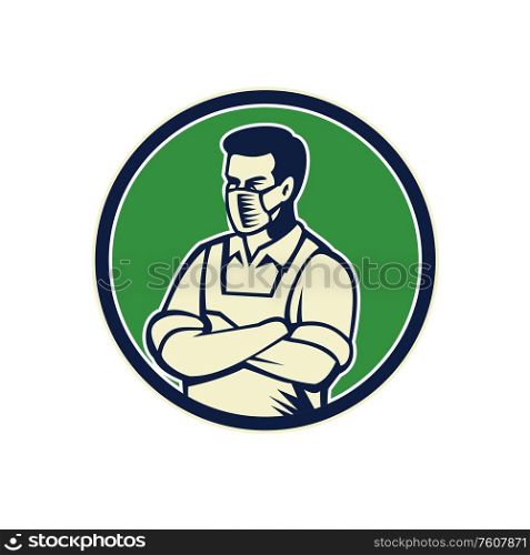 Mascot illustration of a food worker, grocery, supermarket, front line or essential worker, wearing an apron and face mask as a hero set inside circle retro woodcut style.. Grocery Worker Wearing Face Mask Mascot
