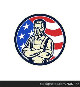 Mascot illustration of a food worker, grocery, supermarket, front line or essential worker, wearing an apron and face mask as a hero with USA stars and stripes flag set in circle retro woodcut style.. Food Worker Wearing Mask USA Flag Retro