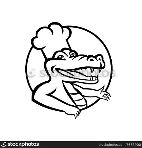 Mascot illustration of a happy alligator, gator or crocodile wearing chef hat set inside circle viewed from front on isolated background in retro black and white style.. Happy Chef Alligator Gator or Crocodile Wearing Chef Hat Circle Mascot Retro Black and White