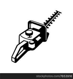 Mascot illustration of a hedge trimmer or hedge cutter viewed from a high angle on isolated background in retro black and white style.. Hedge Trimmer or Hedge Cutter Viewed from a High Angle Retro Black and White