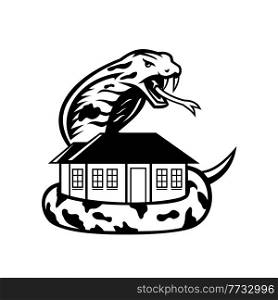 Mascot illustration of a king cobra or Ophiophagus hannah a venomous snake species of elapids guarding a house ready to attack on isolated background in retro black and white style.. King Cobra or Ophiophagus Hannah Venomous Snake Guarding a House Ready to Attack Mascot Black and White