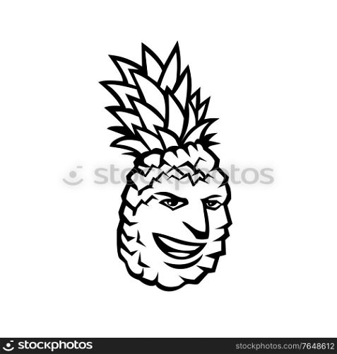 Mascot illustration of a pineapple fruit or Ananas comosus, a tropical plant with edible fruit in family Bromeliaceae, happy, smiling, grinning on isolated background in retro black and white style.. Pineapple Fruit or Ananas Comosus Happy Smiling Grinning Mascot Black and White