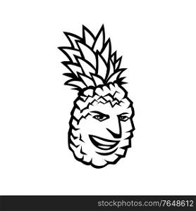 Mascot illustration of a pineapple fruit or Ananas comosus, a tropical plant with edible fruit in family Bromeliaceae, happy, smiling, grinning on isolated background in retro black and white style.. Pineapple Fruit or Ananas Comosus Happy Smiling Grinning Mascot Black and White