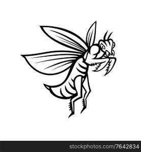 Mascot illustration of a praying mantis or mantis with forearms folded flying viewed from side on isolated background in retro black and white style.. Praying Mantis Flying Side View Black and White Mascot