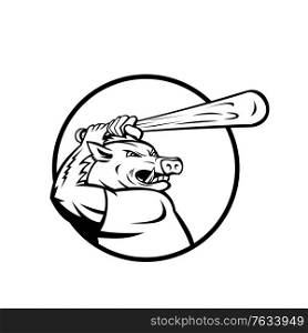 Mascot illustration of a razorback, wild boar or hog player with baseball bat batting viewed from side set inside circle on isolated background in retro black and white style.. Razorback Wild Boar or Hog with Baseball Bat Batting Circle Mascot Black and White