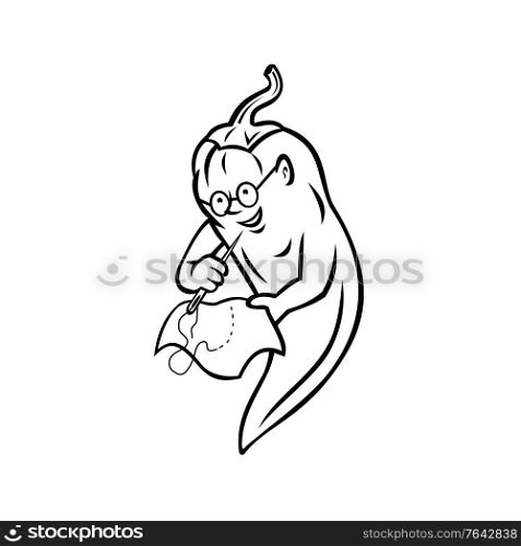 Mascot illustration of a red chili pepper from Nahuatl chilli fruit of the genus Capsicum wearing granny glasses and stitching cloth with sewing needle in retro black and white style.. Red Chili Pepper Wearing Granny Glasses Stitching Cloth with Sewing Needle Mascot Black and White