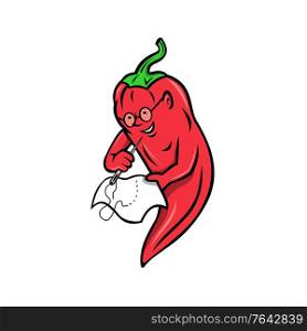 Mascot illustration of a red chili pepper from Nahuatl chilli fruit of the genus Capsicum in the nightshade family, wearing granny glasses and stitching cloth with sewing needle in retro style.. Red Chili Pepper Wearing Granny Glasses and Stitching Cloth with Sewing Needle Mascot