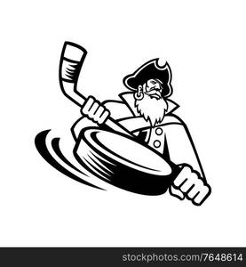 Mascot illustration of a swashbuckler, pirate, privateer or corsair with wice hockey stick and puck viewed from front on isolated background in retro black and white style.. Swashbuckler or Pirate With Ice Hockey Stick and Puck Sports Mascot Black and White