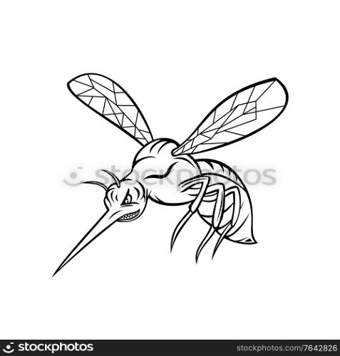 Mascot illustration of a yellow fever mosquito or Aedes aegypti, a mosquito that can spread dengue fever, chikungunya, Zika fever virus, flying on isolated background in retro black and white style.. Yellow Fever Mosquito or Aedes Aegypti Flying Mascot Retro Black and White Style